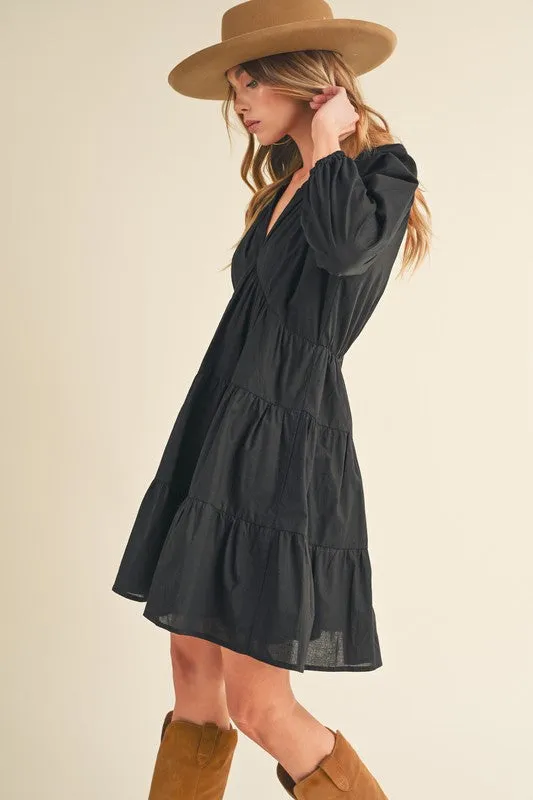 Black Notched Balloon Sleeve Tiered Mini Dress