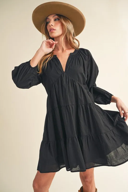 Black Notched Balloon Sleeve Tiered Mini Dress