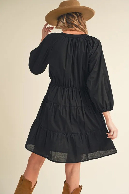 Black Notched Balloon Sleeve Tiered Mini Dress