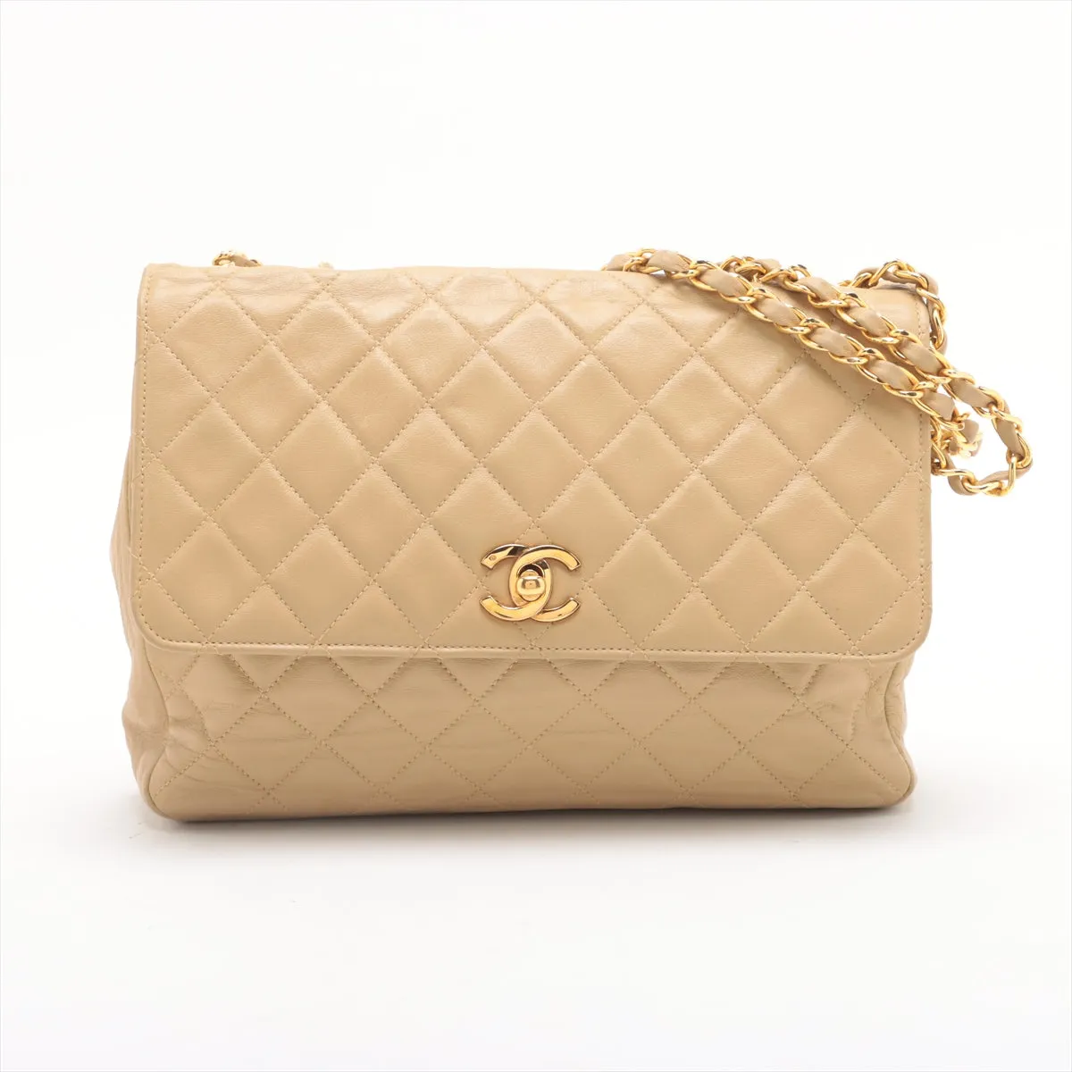 Chanel Matelasse Lambskin Single Flap Double Chain Bag Beige Gold Hardware 2 Series-#2892