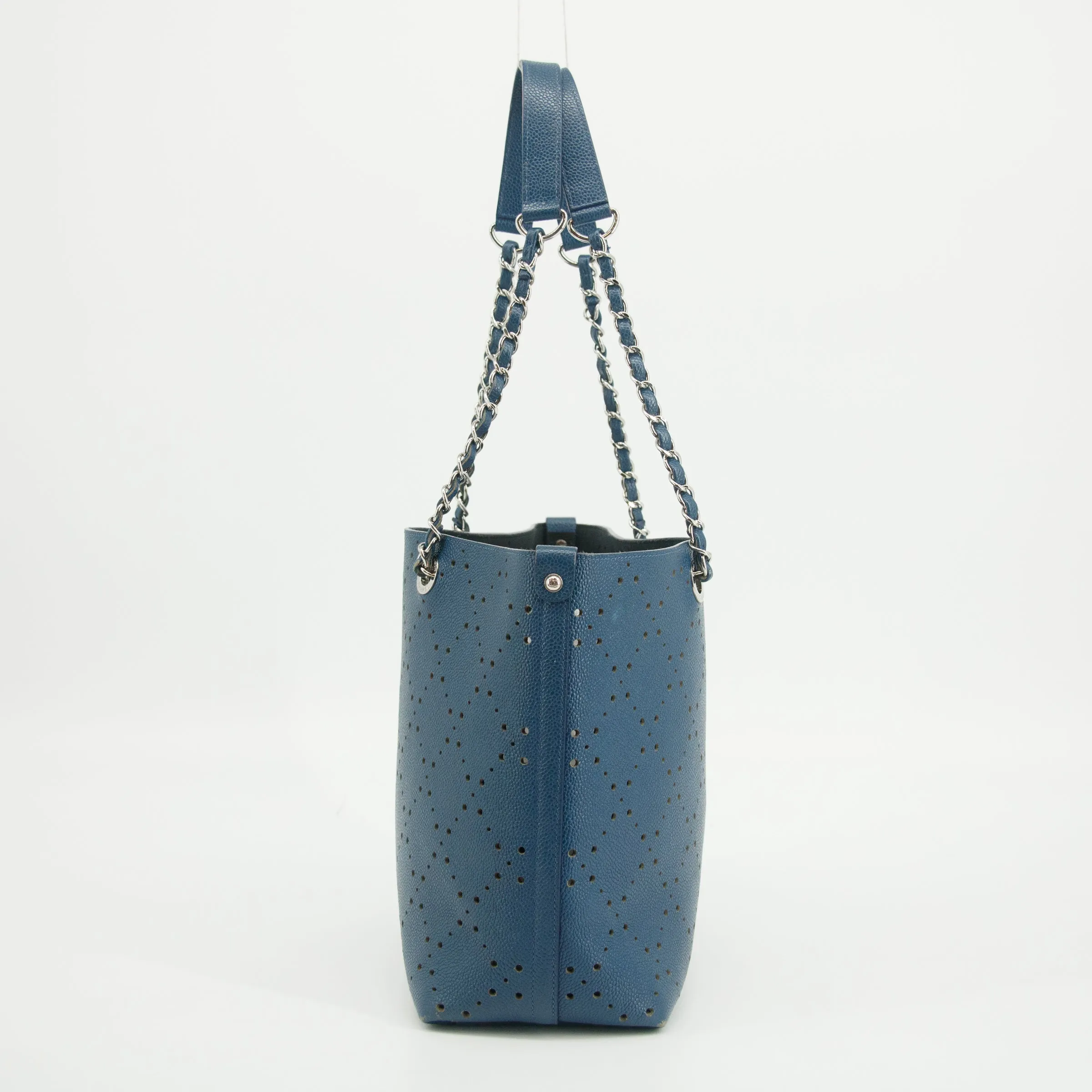 Chanel Perforated Caviar Skin Leather Tote Bag Blue 23 Series #2626