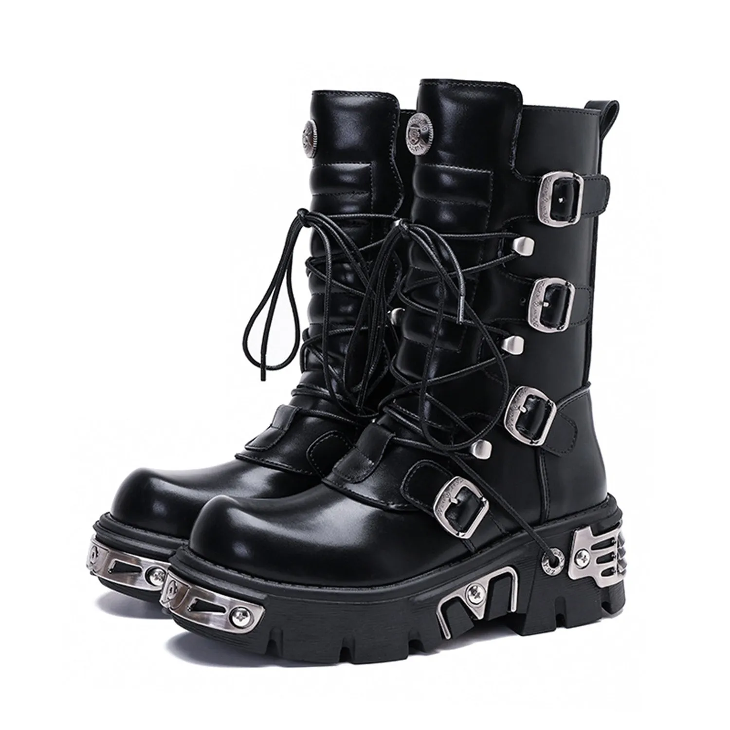 CrazycatZ Womens  Vegan Leather metallic Buckled boots,Vintage Punk Boots