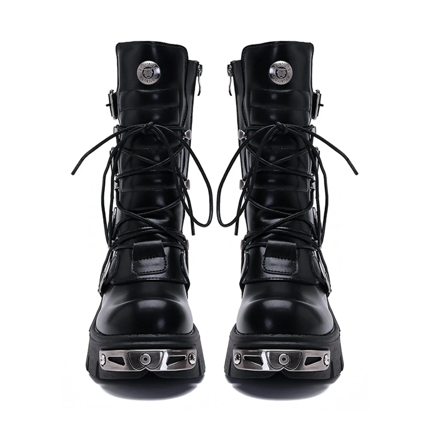 CrazycatZ Womens  Vegan Leather metallic Buckled boots,Vintage Punk Boots