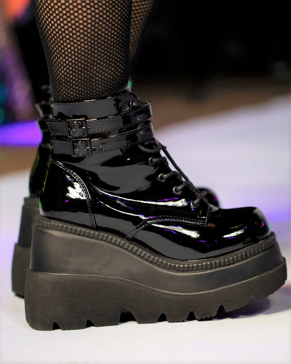 Demonia Black Patent Stacked Platform Ankle Boots