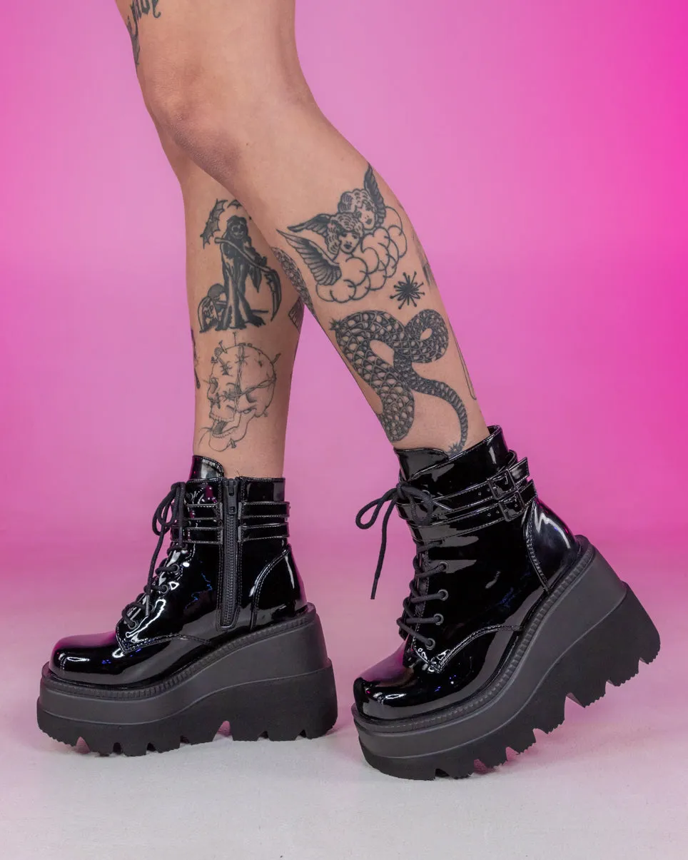 Demonia Black Patent Stacked Platform Ankle Boots
