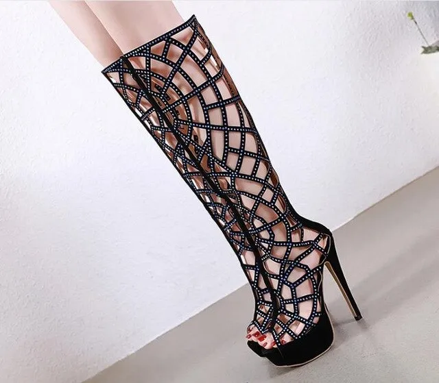 fashion women Hollowed-out rhinestone boots with heels above the knee