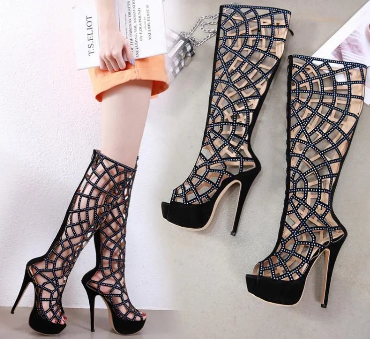 fashion women Hollowed-out rhinestone boots with heels above the knee