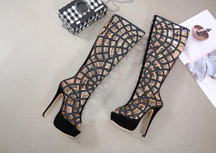 fashion women Hollowed-out rhinestone boots with heels above the knee
