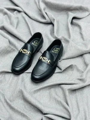Luxury Black Leather Loafers with Gold Buckle – Premium Elegance