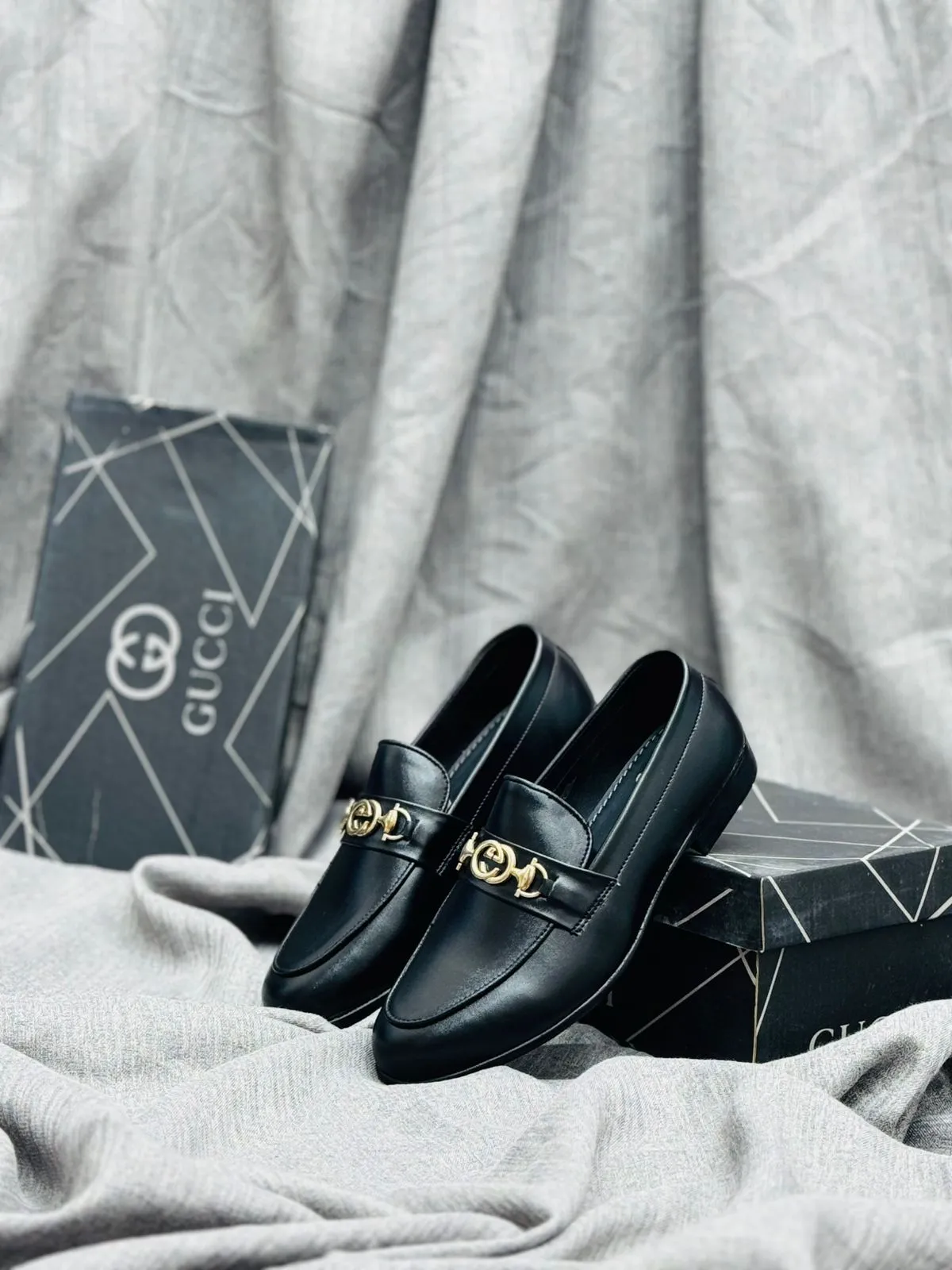 Luxury Black Leather Loafers with Gold Buckle – Premium Elegance
