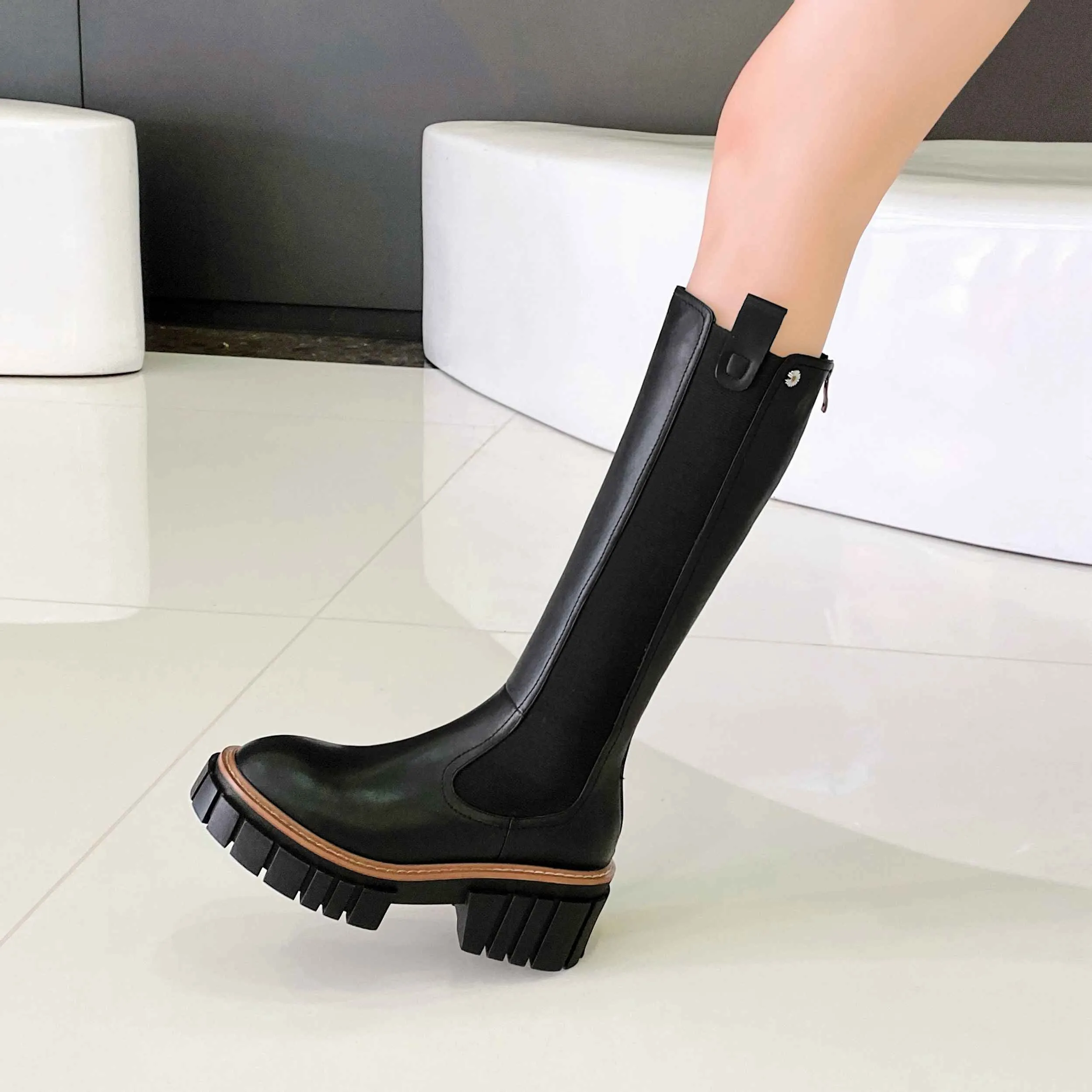 mixed colors platform round toe thick high heel boots