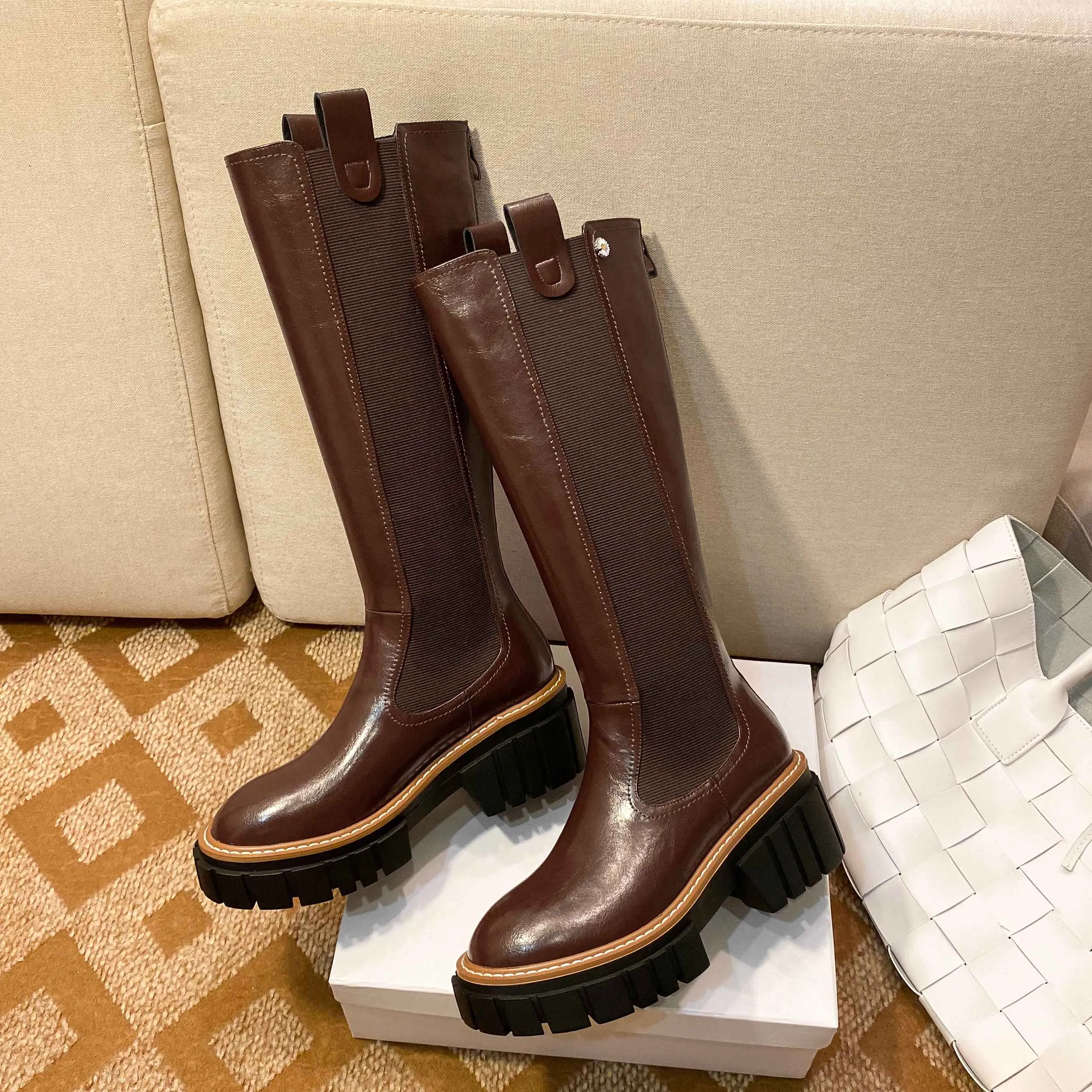 mixed colors platform round toe thick high heel boots