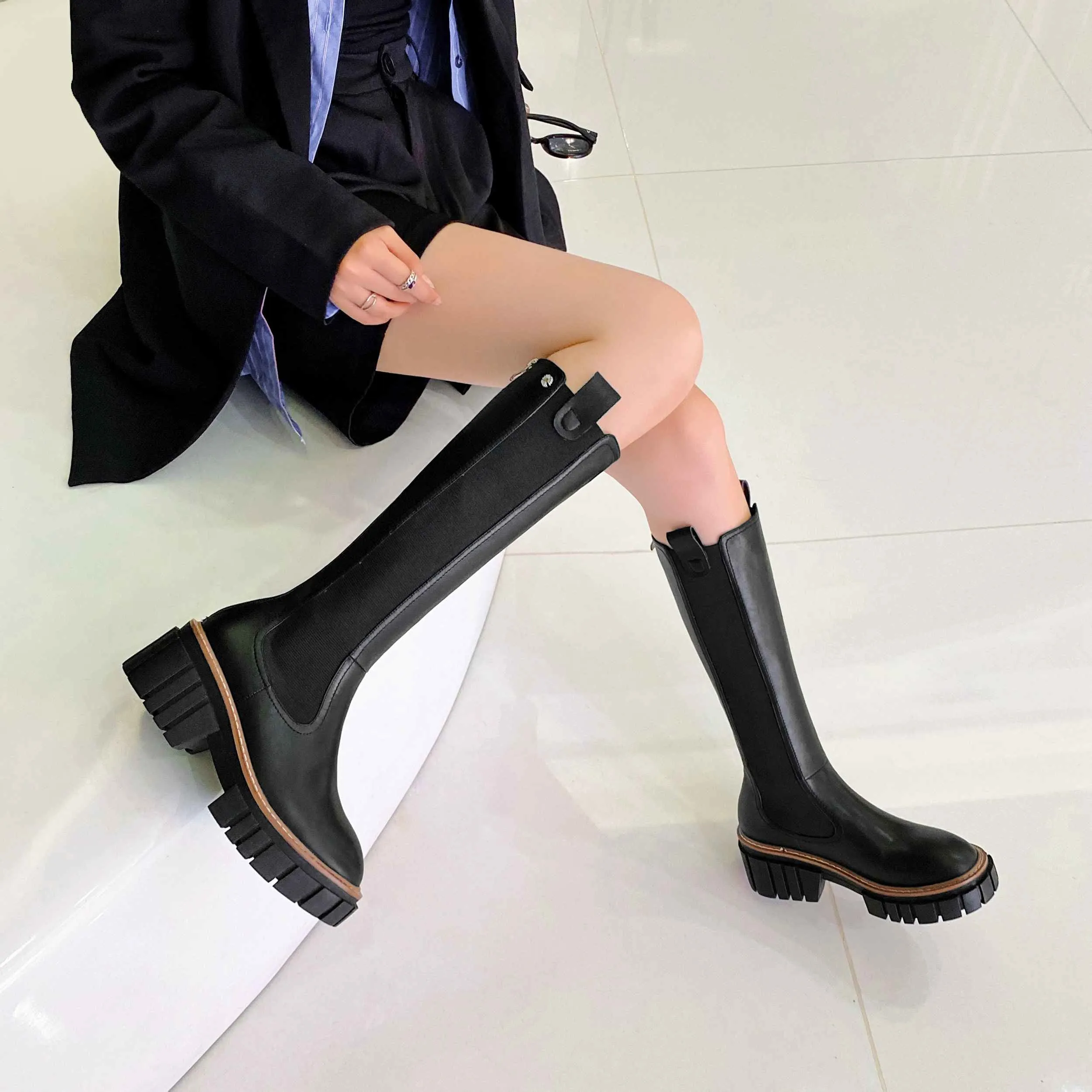 mixed colors platform round toe thick high heel boots