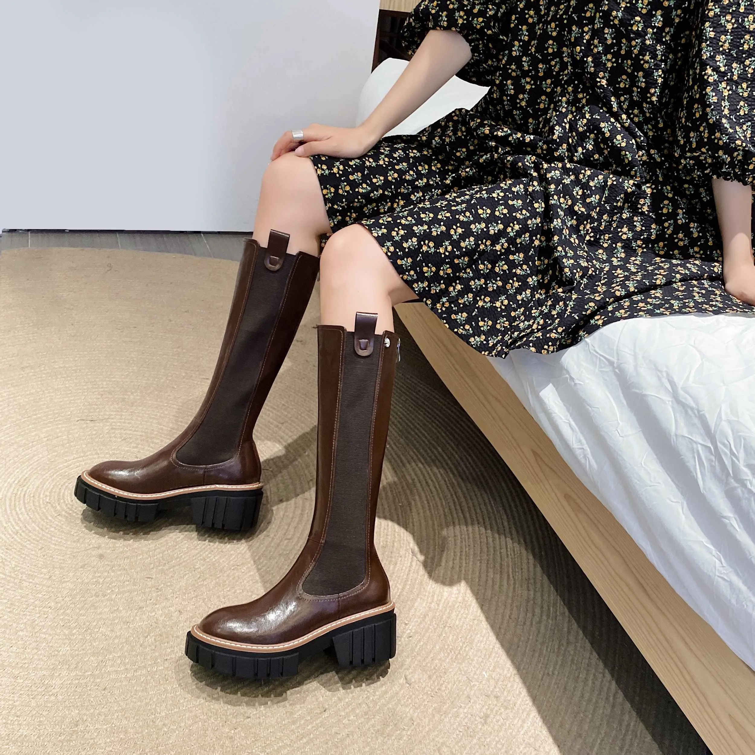 mixed colors platform round toe thick high heel boots