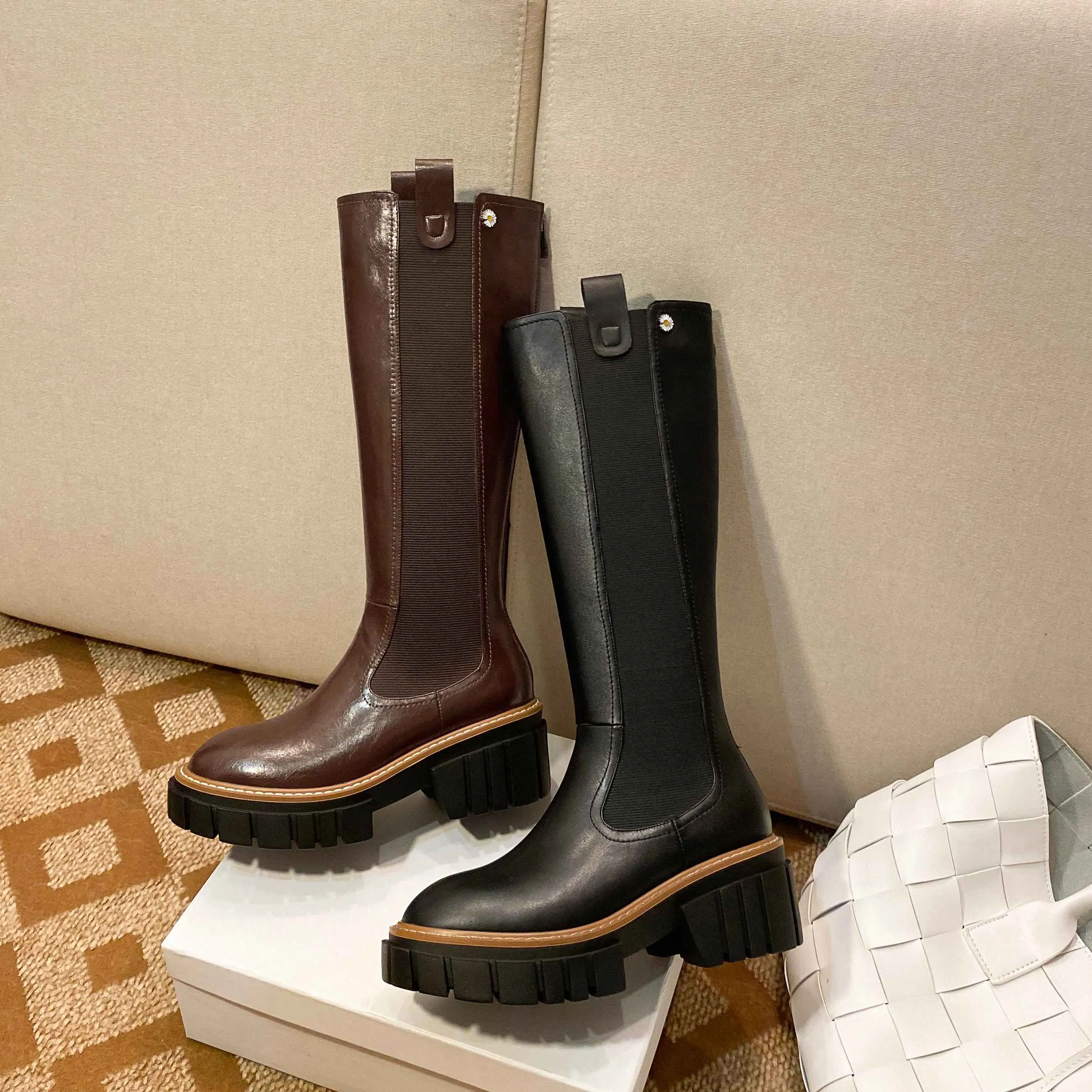 mixed colors platform round toe thick high heel boots