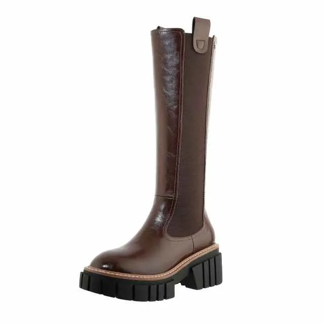 mixed colors platform round toe thick high heel boots