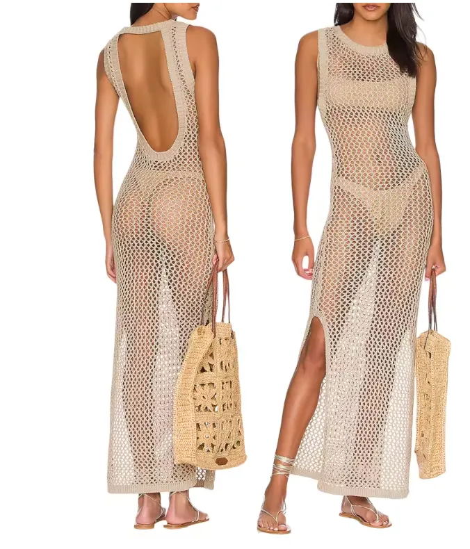 New Yiiciovy Women Boho Bikini Cover-Up Dress Knitted Hollow See-through Swimsuit Cover-Up Sexy Backless Crochet Beach Dress BLACK, One Size