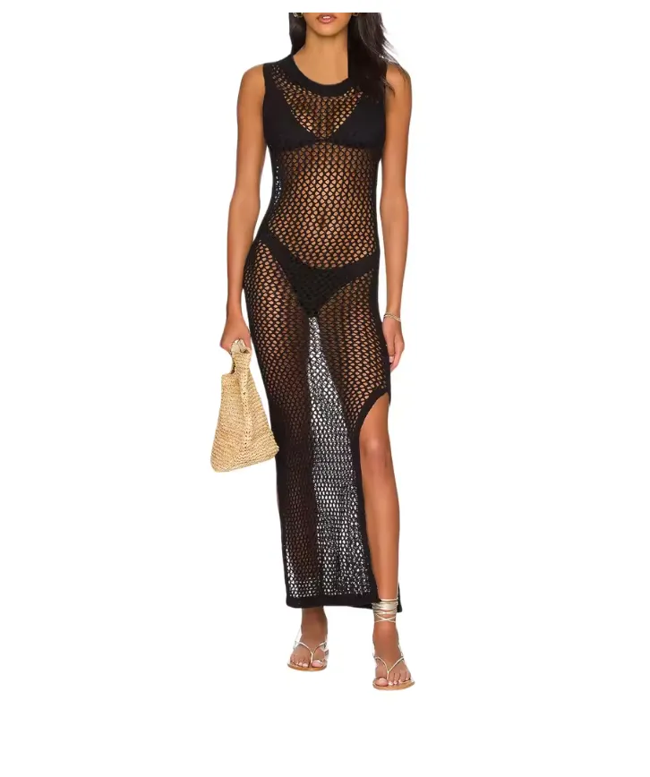 New Yiiciovy Women Boho Bikini Cover-Up Dress Knitted Hollow See-through Swimsuit Cover-Up Sexy Backless Crochet Beach Dress BLACK, One Size