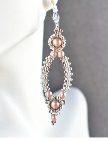 Powder Almond and Silver Oval Hoop Earrings made with Swarovski Pearls