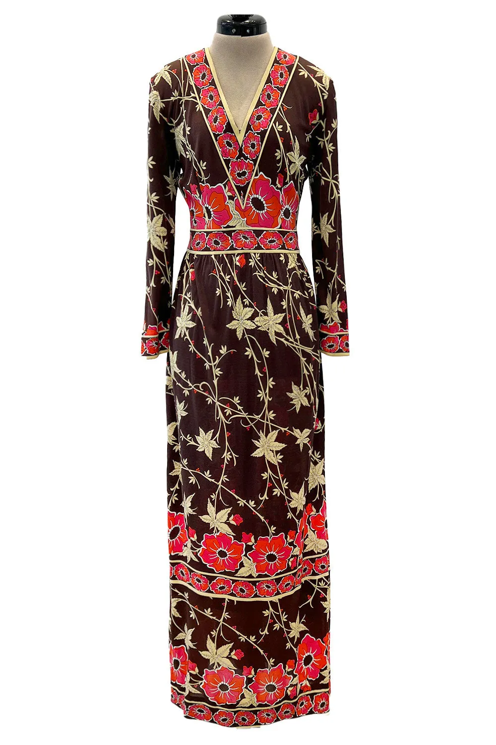 Prettiest 1970s Emilio Pucci Original Pink & Coral Floral Print Brown Silk Jersey Dress