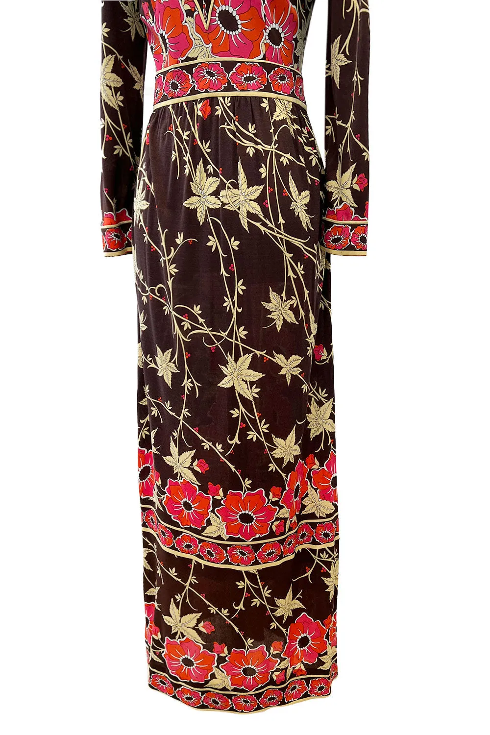 Prettiest 1970s Emilio Pucci Original Pink & Coral Floral Print Brown Silk Jersey Dress