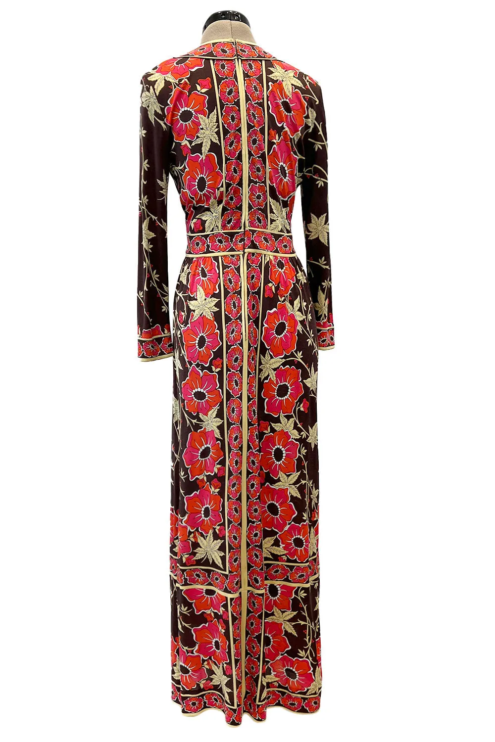 Prettiest 1970s Emilio Pucci Original Pink & Coral Floral Print Brown Silk Jersey Dress