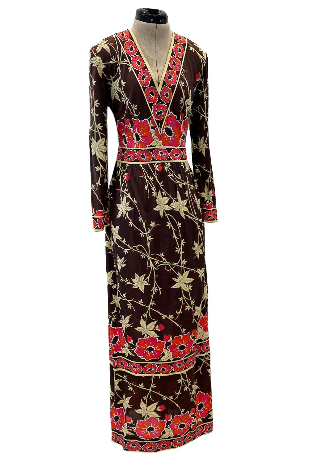 Prettiest 1970s Emilio Pucci Original Pink & Coral Floral Print Brown Silk Jersey Dress