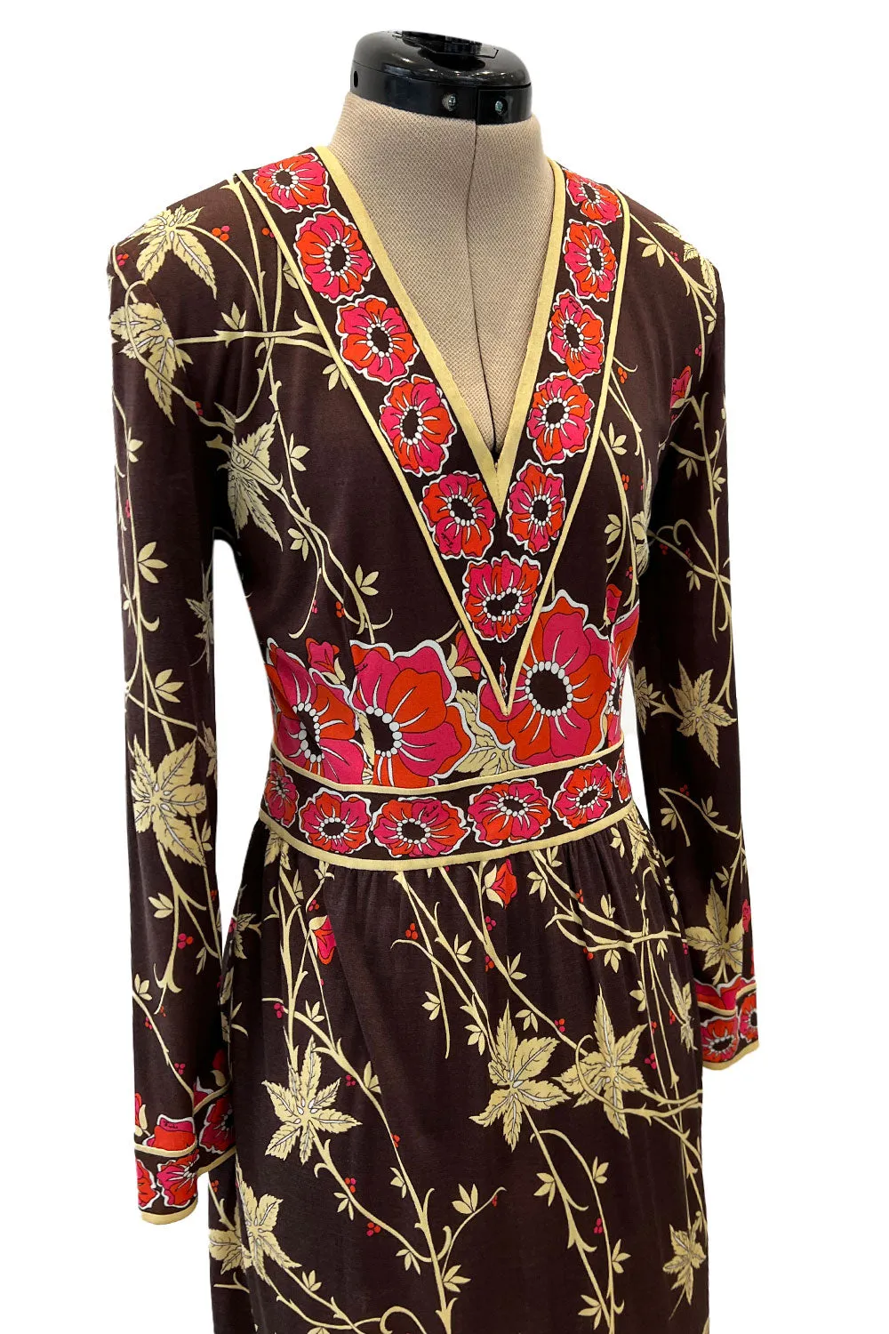 Prettiest 1970s Emilio Pucci Original Pink & Coral Floral Print Brown Silk Jersey Dress