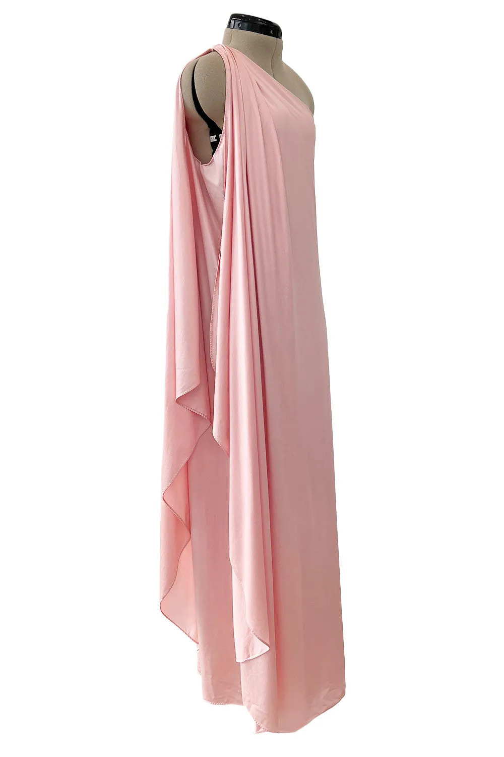 Prettiest 1978 Halston Pale Pink Pastel Nylon Jersey One Shoulder Draped Dress