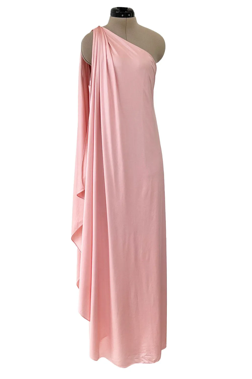 Prettiest 1978 Halston Pale Pink Pastel Nylon Jersey One Shoulder Draped Dress