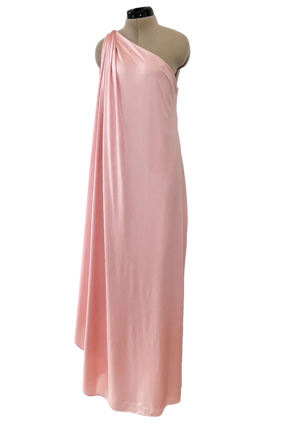 Prettiest 1978 Halston Pale Pink Pastel Nylon Jersey One Shoulder Draped Dress