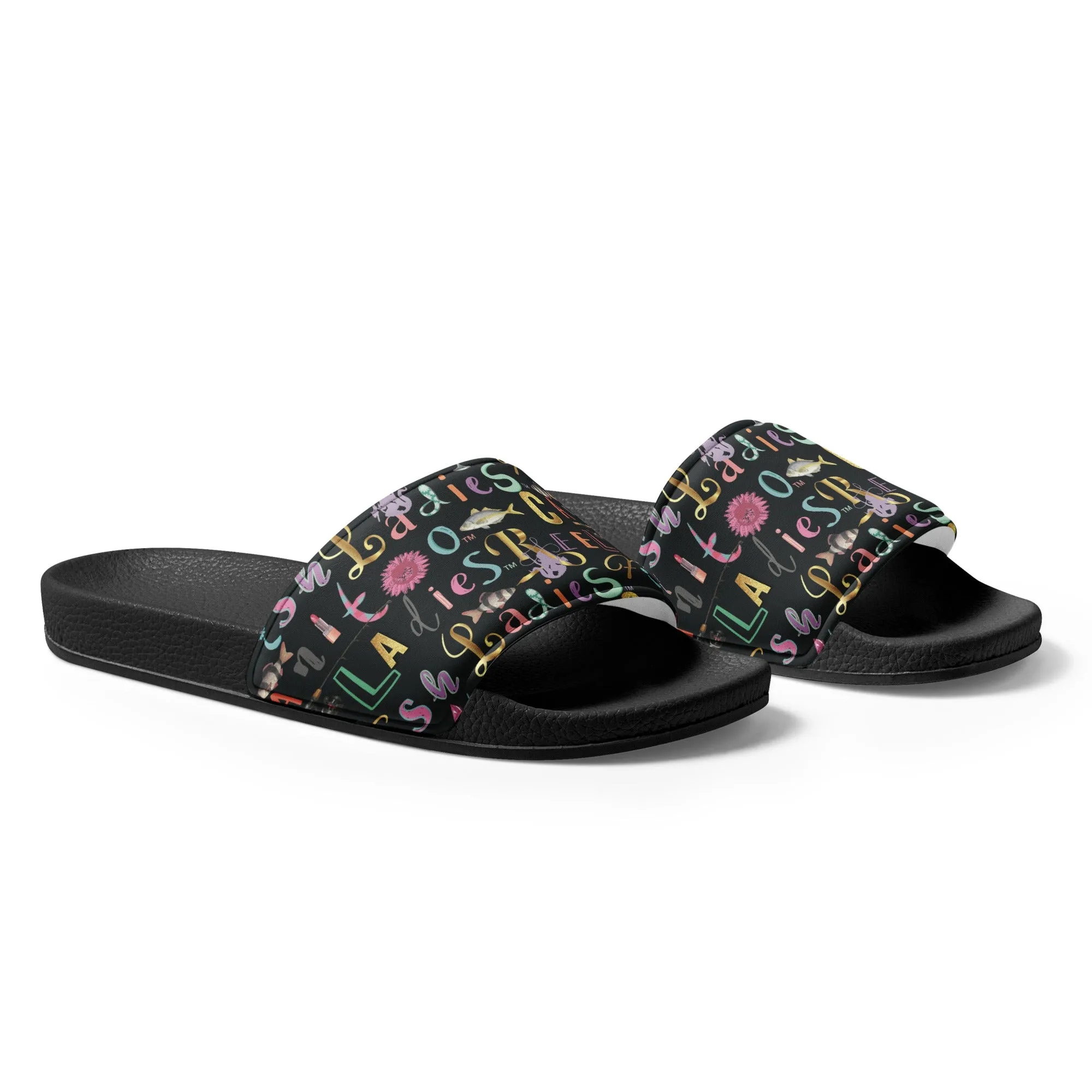 Reel Ladies Fish Text Design Women's slides