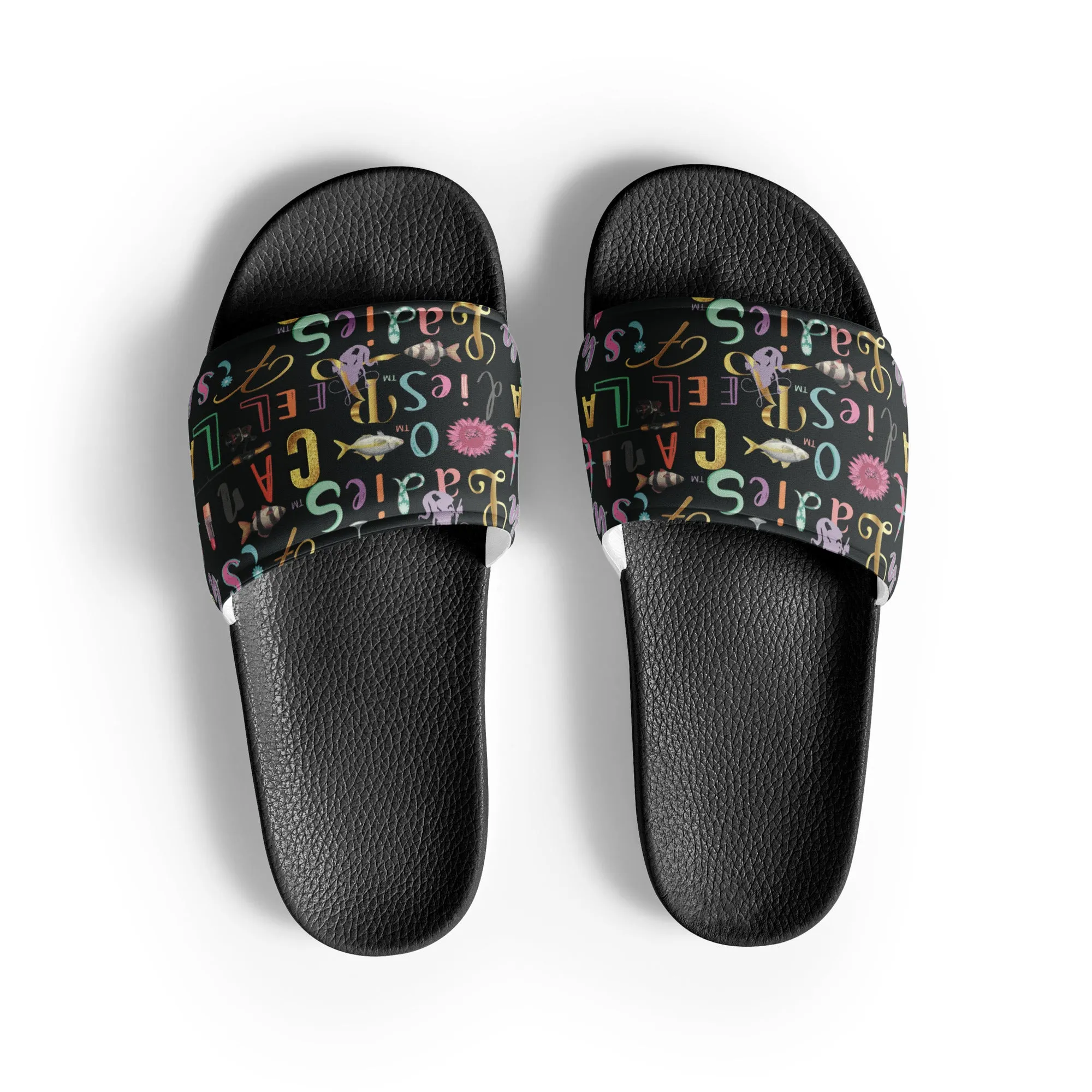 Reel Ladies Fish Text Design Women's slides