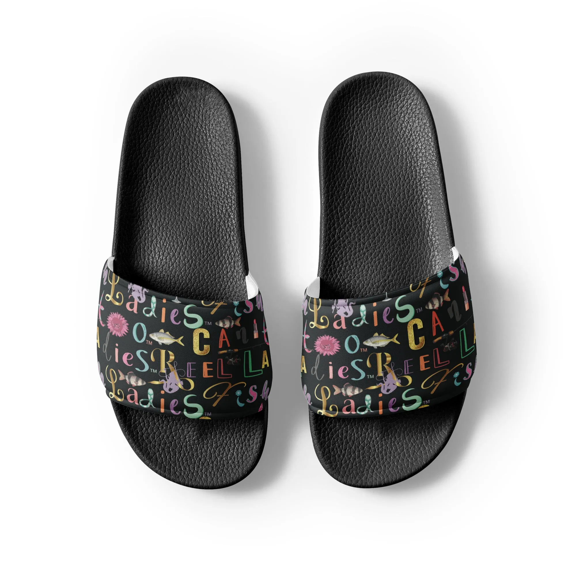 Reel Ladies Fish Text Design Women's slides