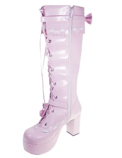 Sweet Pink Chunky Heel PU Stud Zipper Platform Bandage Lolita Boots