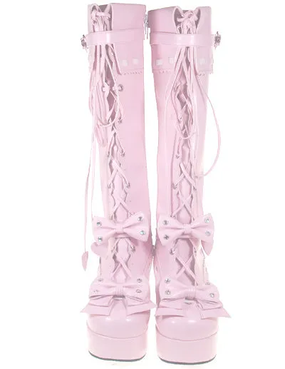 Sweet Pink Chunky Heel PU Stud Zipper Platform Bandage Lolita Boots