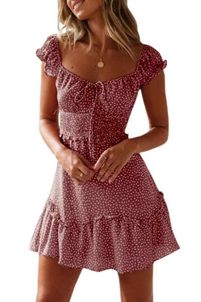 Sweetheart Collar Printed Ruffled Maxi Dress