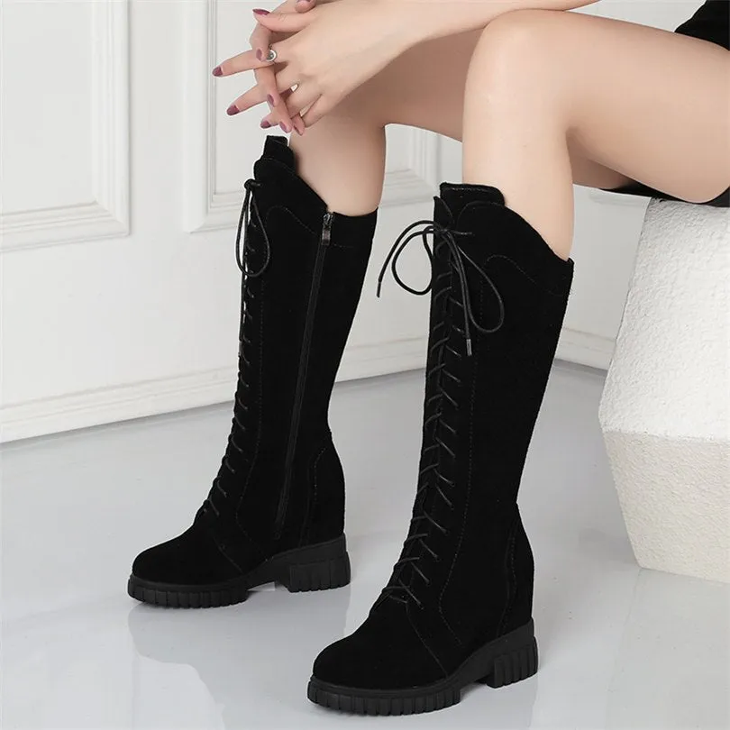 Women Lace Up Cow Leather High Heel Mid Calf Ridding Boots
