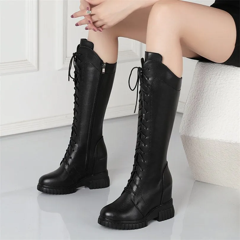 Women Lace Up Cow Leather High Heel Mid Calf Ridding Boots