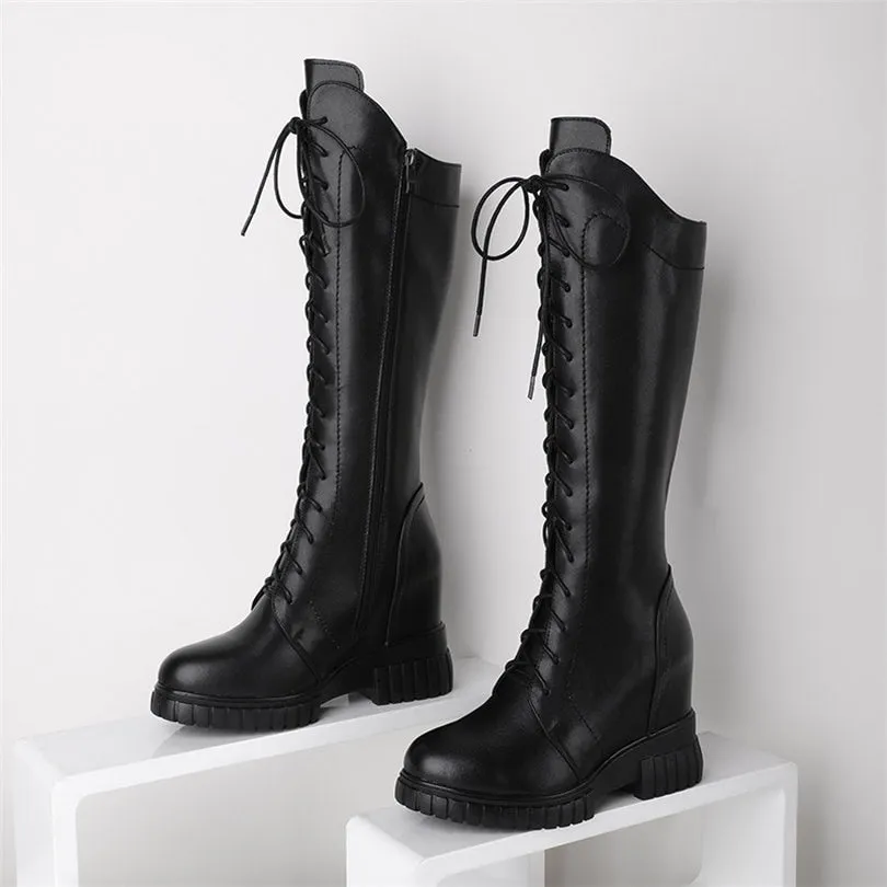 Women Lace Up Cow Leather High Heel Mid Calf Ridding Boots