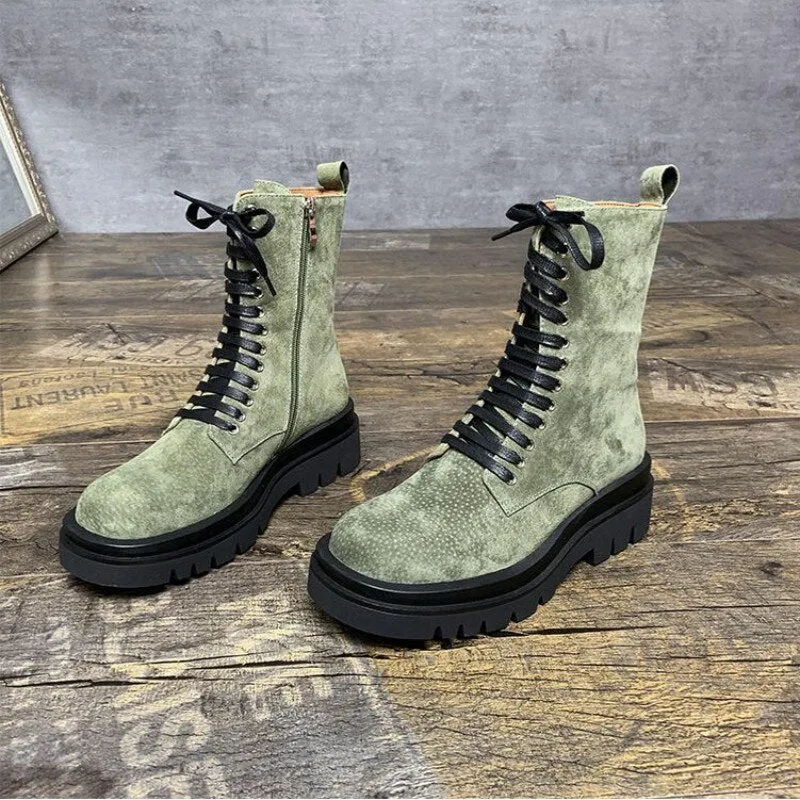 Women Lace Up Platform Height Increased Ankle Boots