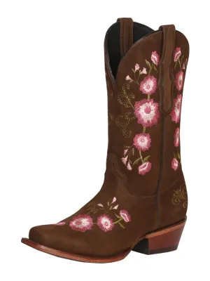Women's Nubuck Bovine Leather Embroidered Rodeo Boots with Roses 'El General' Camel Color 41842