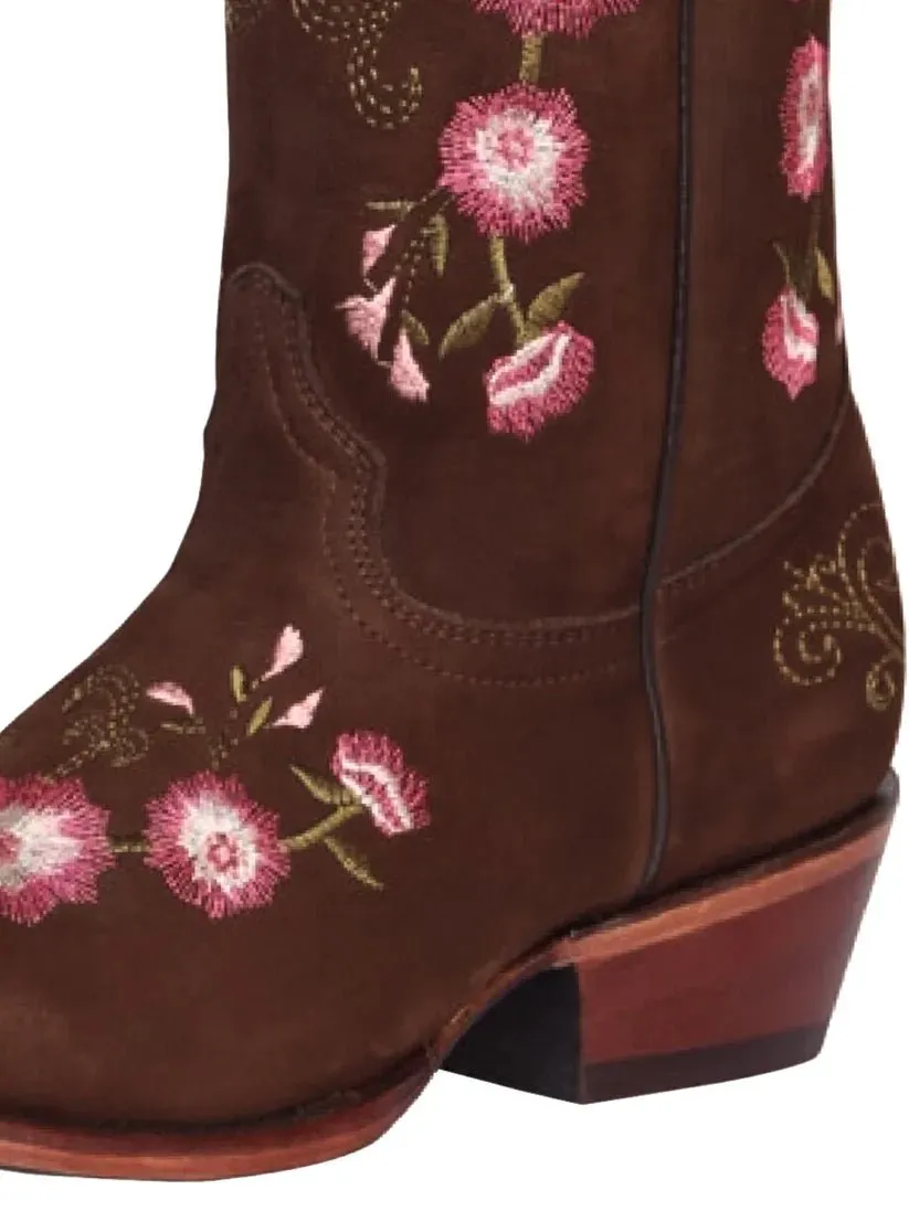 Women's Nubuck Bovine Leather Embroidered Rodeo Boots with Roses 'El General' Camel Color 41842