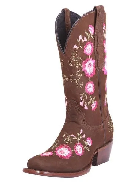 Women's Nubuck Bovine Leather Embroidered Rodeo Boots with Roses 'El General' Camel Color 41842