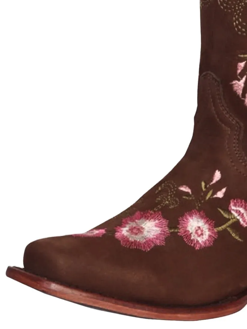 Women's Nubuck Bovine Leather Embroidered Rodeo Boots with Roses 'El General' Camel Color 41842