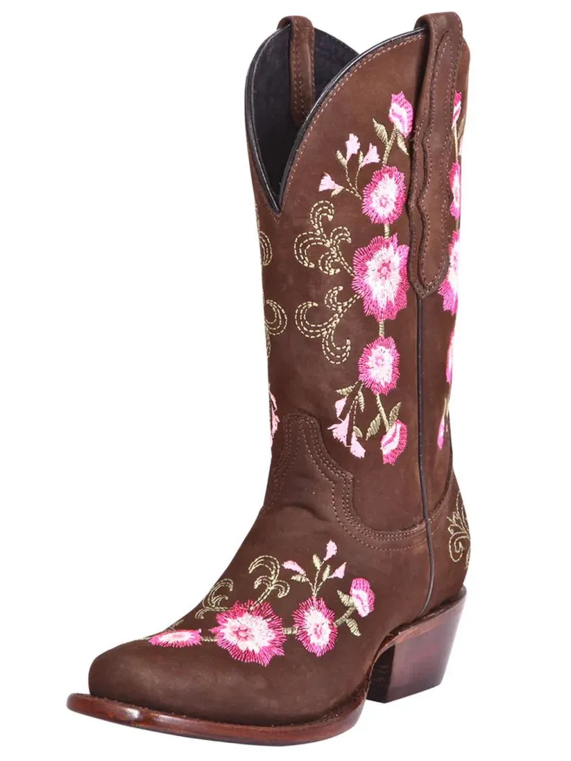 Women's Nubuck Bovine Leather Embroidered Rodeo Boots with Roses 'El General' Camel Color 41842