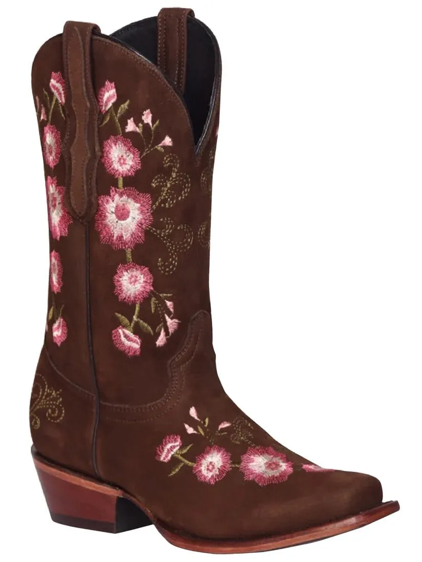 Women's Nubuck Bovine Leather Embroidered Rodeo Boots with Roses 'El General' Camel Color 41842